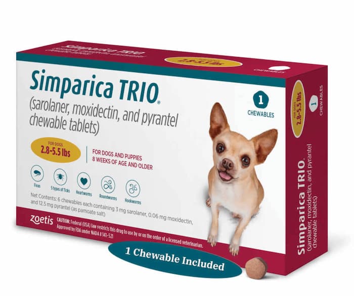 Simparica Trio is a chewable tablet for dogs to prevent fleas and ticks